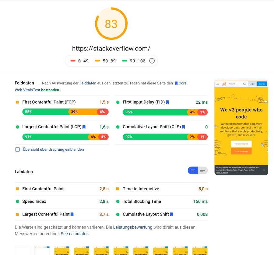 Screenshot PageSpeed Insights von Stackoverflow