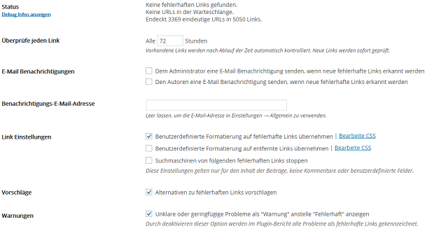 Broken Link Checker Screenshot Broken Link Checker Plugin Optionen