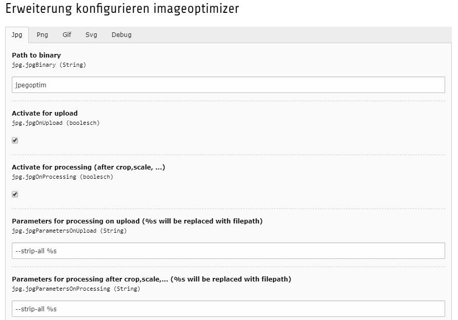 TYPO3 Screen 2 Fenster zum Erweiterung konfigurieren im Imageoptimizer