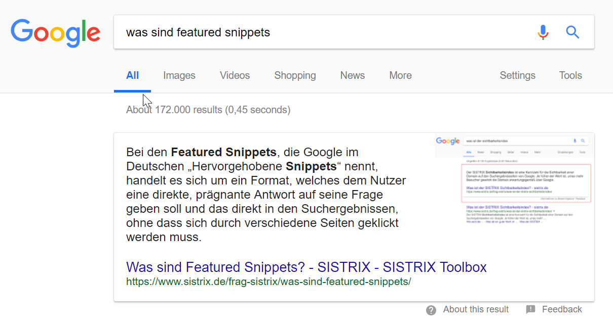 Suchergebnisseite zu "was sind Featured Snippets"