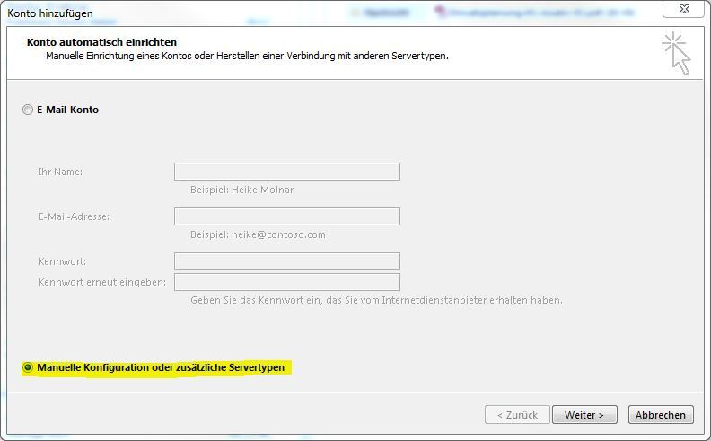 Manuelle Einrichtung eines Outlook Kontos Outlook 2013 manuelle Einrichtung