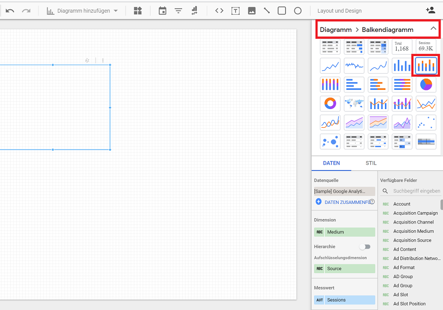 Google Data Studio Diagramm auswählen Diagramm-Auswahl im Google Data Studio.
