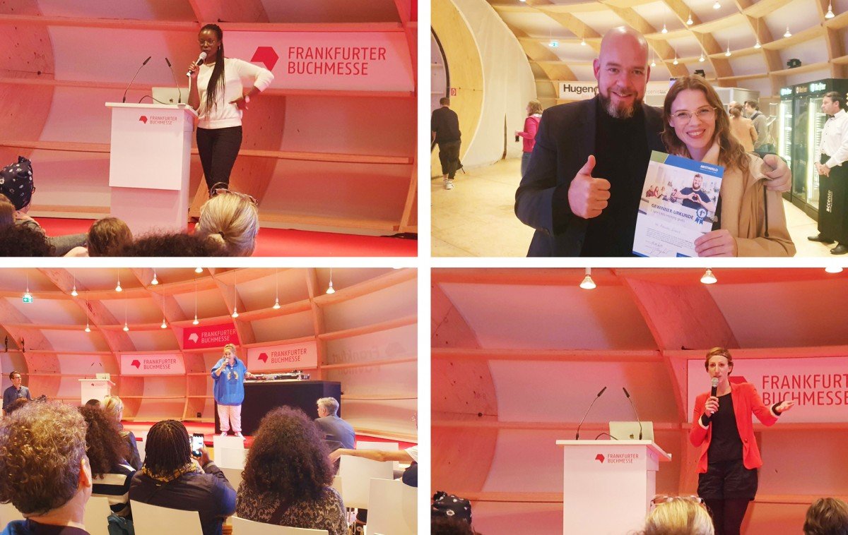 Kommunikationsfest Frankfurter Buchmesse Die Speakerinnen des Orbanism Kommunikationsfestes und die Gewinnerin des CMS-Hosting-Pakets von Mittwald.