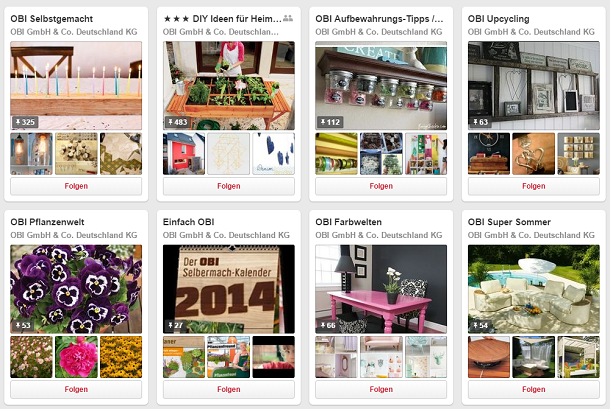 Pinterest Ein gutes Beispiel für eine gelungene Unternehmenspräsenz von Obi auf Pinterest.
