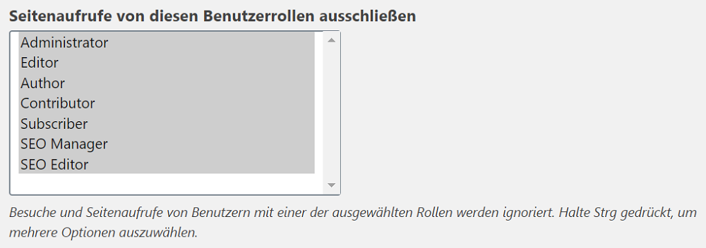Bei Koko Analytics können Benutzerrollen vom Tracking ausgeschlossen werden.