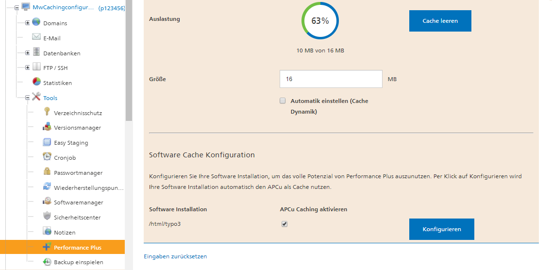 Performance Plus TYPO3 Mit Performance Plus von Mittwald das APCu Caching aktivieren und die maximale Geschwindigkeit aus deiner TYPO3 Installation herausholen.