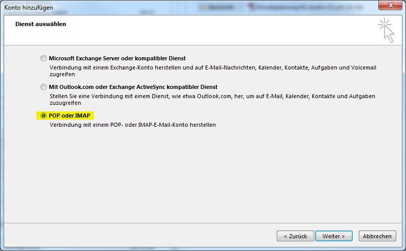 Auswahl des Dienstes in Outlook Outlook POP oder IMAP
