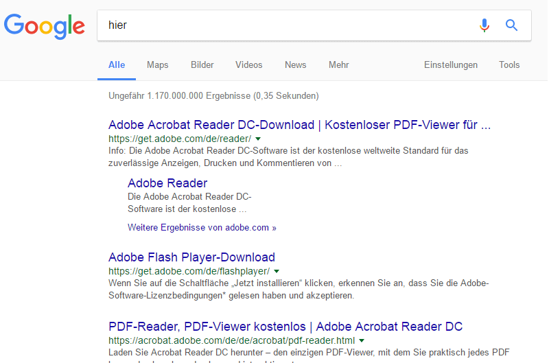 SEO SERPs für den Suchbegriff "hier"