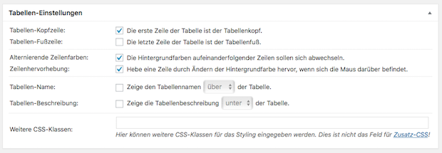 TablePress Tabellen Einstellungen tabelle einstellungen
