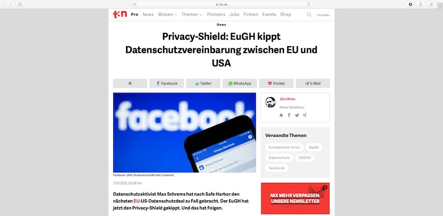 Datenschutzvereinbarung zwischen EU und USA wurde vom EuGH gekippt.