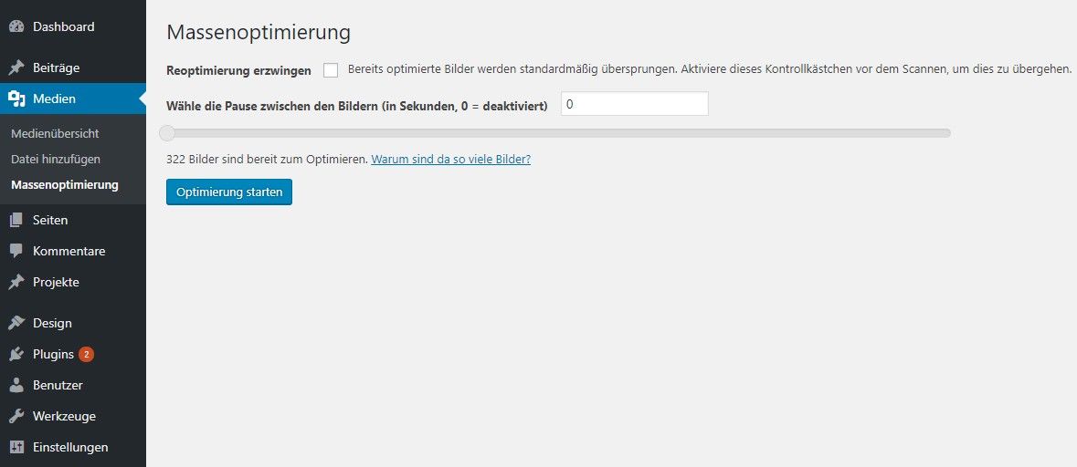 WordPress Screen Reiter Massenoptimierung im Backend zum Installieren des Optimizer