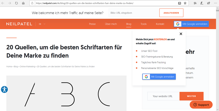 Screenshot Schriftarten neilpatel.com Screenshot von neilpatel.com