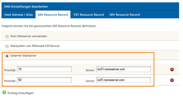 Mittwald Kundencenter DNS Editor MX Record