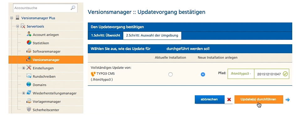 Versionsmanager Landingpage