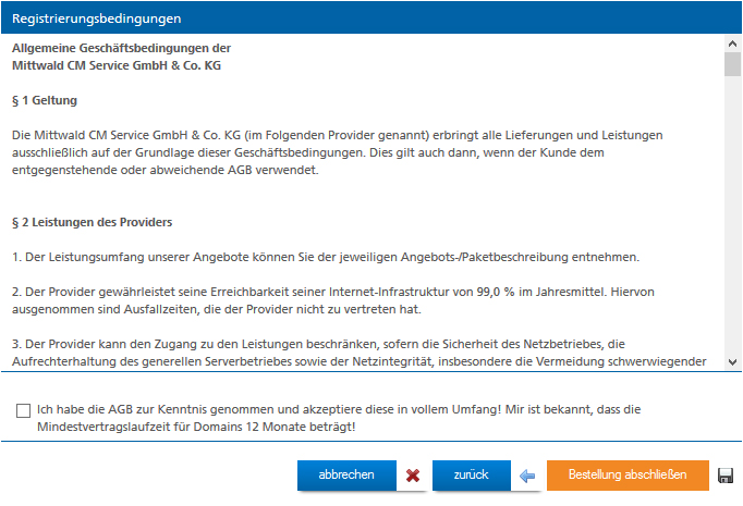 AGB für neue Domain bei Mittwald bestätigen