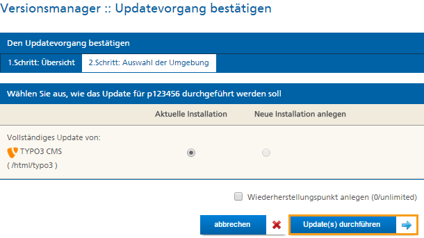 Kundencenter Updatevorgang bestätigen